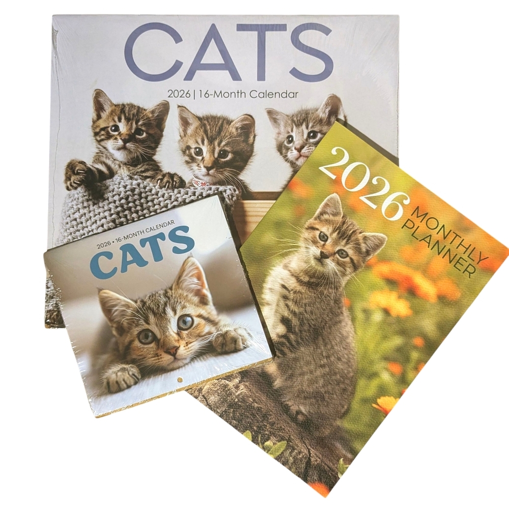 2026 Calendar CATS 16 Month Wall 11"x10" + Mini Car Calendar + Monthly Planner